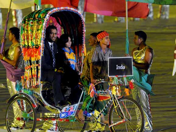 Photo number 7 in the cricket slideshow World Cup Opening Ceremony. Photo caption, "  India captain MS Dhoni at the opening ceremony of the 2011 World Cup at Dhaka's Bangabandhu Stadium on Thursday. "