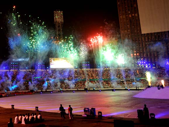 Photo number 8 in the cricket slideshow World Cup Opening Ceremony. Photo caption, "  Fireworks at the opening ceremony of the 2011 World Cup at Dhaka's Bangabandhu Stadium on Thursday. "