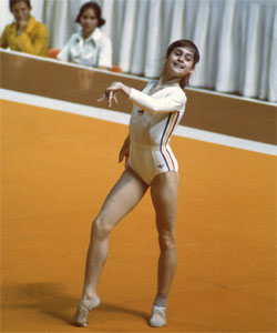 Nadia performs the floor exercise during the 1976 Summer Olympic Games in Montreal. Getty Images.