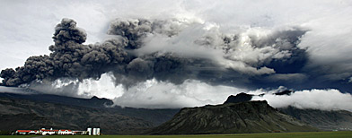 Ash rises from under the Eyjafjallajokull glacier, near Hvolsvollur, Iceland. (AP Photo/Brynjar Gauti)