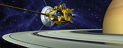 In this artist's concept released by NASA, the Cassini spacecraft is seen with the European Space Agency's Huygens probe attached underneath as it approaches Saturn. The Cassini spacecraft will launch the Huygens probe on a course that should send it plunging into the atmosphere of Saturn's big moon Titan, Friday, Dec. 24, 2004. (AP Photo/NASA)