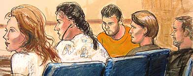 Courtroom  sketch shows defendants in Manhattan federal court in New York, Monday,  June 28, 2010. (AP)