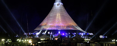 Khan Shatyr, billed as the world's biggest tent, is seen after its opening in Astana July 6, 2010. Designed by British architect Norman Foster, it houses indoor beaches and waterfalls, as well as a mini golf course and botanic gardens. (Mukhtar Kholdorbekov/Reuters)