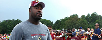 Defensive lineman Albert Haynesworth #92 walks back to the locker room after the Redskins first day of training camp on July 29, 2010 in Ashburn, Virginia. (Photo by Win McNamee/Getty Images)