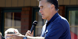 Republican presidential candidate former Massachusetts Gov. Mitt Romney reacts to a heckler during a campaign stop at the Iowa State Fair, Thursday, Aug. 11, 2011, in Des Moines, Iowa. (AP Photo/Charlie Neibergall)