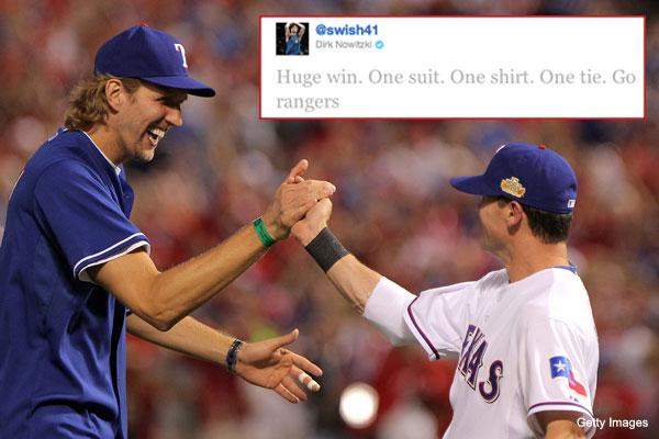 Dirk Nowitzki lends the Rangers some advice on how to pack