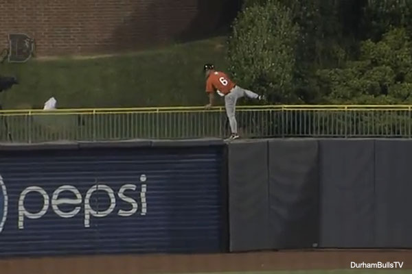 Video: Minor league manager climbs outfield fence in protest of call
