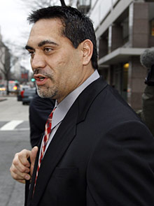 Kevin Mawae, president of the NFL Players Association, leaves after negotiations with the NFL in Washington.