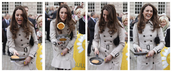 The fiancee of Britain's Prince William, Kate Middleton, flips a pancake during their visit on Shrove Tuesday to City Hall in Belfast in this combination photo March 8, 2011. REUTERS/Cathal McNaughton 