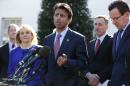 Louisiana Gov. Bobby Jindal, center, speaks to reporters outside the White House in Washington, Monday, Feb. 24, 2014, following a meeting between President Barack Obama and members of the National Governors Association (NGA). From left are, Maryland Gov. Martin O'Malley, NGA Chair, Oklahoma Gov. Mary Fallin, Jindal, Vermont Gov. Peter Shumlin, and Connecticut Gov. Dannel Malloy. (AP Photo/Charles Dharapak)