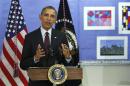 Obama answers a question about the situation in Ukraine, following remarks on the budget at Powell Elementary School in Washington