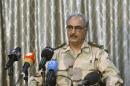 General Khalifa Haftar speaks during a news conference in Abyar