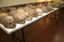 In this photo released by the Chiapas state Attorney General's Office, skulls that were found in a cave sit on a table at the Chiapas state attorney general's office in Tuxla Gutierrez, Mexico, Saturday March 10, 2012. Mexican authorities say they've found the remains of as many as 167 people in a southern Mexican cave, and forensic experts believe the remains are at least 50 years old. (AP Photo/Chiapas state Attorney General's Office)