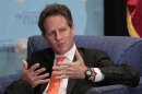 U.S. Treasury Secretary Geithner speaks during a panel discussion hosted by the Los Angeles World Affairs Council titled "The U.S. and World Economies: An Overview" in Los Angeles