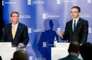 The US Secretary of Defense Ashton Carter, left, and Estonian Defense Minister Sven Mikser attend a joint press conference after a meeting in Tallinn, Estonia, Tuesday, June 23, 2015 . (AP Photo)