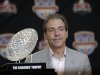 FILE -In a Jan. 8, 2013 file photo Alabama head coach Nick Saban poses with The Coaches' Trophy during a BCS National Championship college football game news conference  in Ft. Lauderdale, Fla. By the time Dylan Moses is old enough to play football at Alabama, Nick Saban would be 65 and starting his 11th season at Tuscaloosa. (AP Photo/Morry Gash)