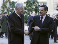<p>               French prime minister Francois Fillon, right, greets his Italian counterpart Mario Monti prior to their meeting at the Hotel Matignon in Paris, Friday Jan. 6, 2012 (AP Photo/Remy de la Mauviniere)