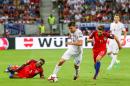 Slovakia's Michal Duris, center, challenges for a ball with England's Adam Lallana, right, as Danny Rose, left, falls down during their World Cup Group F qualifying soccer match in Trnava, Slovakia on Sunday Sept. 4, 2016. (AP Photo/Bundas Engler)