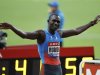 Rudisha of Kenya celebrates after winning the men's 800 metres at the IAAF Diamond League athletics meeting in Saint-Denis