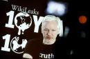 usJulian Assange, Founder and Editor-in-Chief of WikiLeaks speaks via video link during a press conference on the occasion of the ten year anniversary celebration of WikiLeaks in Berlin