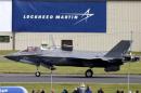 A US Marine Corps Lockheed Martin F-35B fighter jet taxis after landing at the Royal International Air Tattoo at Fairford