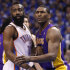 Los Angeles Lakers forward Metta World Peace, left, and Oklahoma City Thunder guard James Harden (13) jockey for position as they wait for the ball to be inbounded during the first quarter of Game 1 in the second round of the NBA basketball playoffs, in Oklahoma City, Monday, May 14, 2012. (AP Photo/Sue Ogrocki)