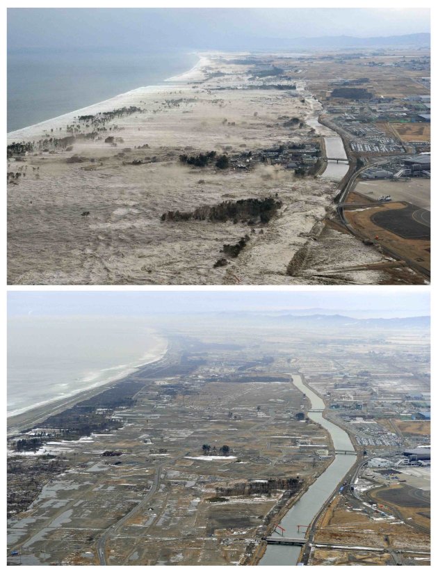 Combino photo shows the tsunami-devastated …