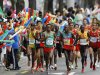 South Africa's Modike Lucky Mohale, front left, Ethiopia's Feyisa Lilesa, center left, Kenya's Abel Kirui, center right, Uganda's Stephen Kiprotich, second from right, and Morocco's Ahmed Baday compete during the Men's Marathon at the World Athletics Championships in Daegu, South Korea, Sunday, Sept. 4, 2011. (AP Photo/Lee Jin-man)