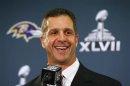 Baltimore Ravens head coach Harbaugh speaks during a news conference after the team's arrival for the NFL's Super Bowl XLVII in New Orleans