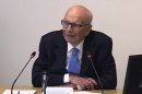 In this image from video, News Corp. chairman Rupert Murdoch appears at Lord Justice Brian Leveson's inquiry in London, Wednesday April 25, 2012 to answer questions under oath about how much he knew about phone hacking at the News of the World tabloid. Murdoch is being grilled on his relationship with British politicians at the country's media ethics inquiry, while a government minister is battling accusations he gave News Corp. privileged access in its bid to take over a major broadcaster. (AP Photo/Pool)
