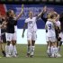 Team United States celebrates their 3-0 win over Costa Rica in CONCACAF women's Olympic qualifying soccer game action at B.C. Place in Vancouver, British Columbia, Friday, Jan. 27, 2012. (AP Photo/The Canadian Press, Jonathan Hayward)