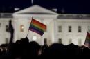 A rainbow flag is held up during a vigil after the worst mass shooting in U.S. history at a gay nightclub in Orlando, Florida, in front of the White House in Washington