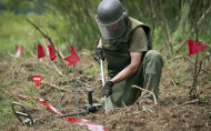 Ante Ivanda, a de-miner, searches for land mines in Petrinja, central Croatia, Friday, May 17, 2013. Croatian researches, working on a unique method to find unexploded mines that are littering their country and the rest of the Balkans, are confident they can use bees for detecting land mines. (AP Photo/Darko Bandic)
