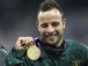 South Africa's Pistorius celebrates with gold medal after winning men's 400m T44 classification at Olympic Stadium during the London 2012 Paralympic Games