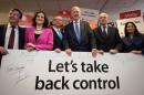 British politicians John Whittingdale, Theresa Villiers, Michael Gove, Chris Grayling, Iain Duncan Smith and Priti Patel pose for a photograph at the launch of the Vote Leave campaign, at the group's headquarters in central London
