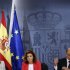 Spain's Development Minister Pastor Spain's Deputy Prime Minister de Santamaria and Treasury Minister Montoro attend news conference after a cabinet meeting at Moncloa Palace in Madrid