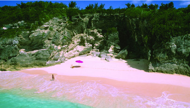 شاطئ الرمال الوردية – الباهاماس  ربما لن تشاهد فى حياتك رمالا وردية اللون سوى على حدود جزيرة هاربرـ التى تمتد بطول 3 أميال فى الباهاماس، ويأتي سبب تكوين اللون الوردي للرمال إلى وجود بعض الحيوانات الصد‍