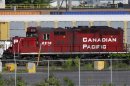 A Canadian Pacific Railway locomotive sits at the Obico Intermodal Terminal in Toronto