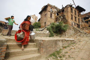 Nepalese evacuate with belongings to safer areas inÂ Bhaktapur, &hellip;
