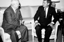 FILE - In this June 3, 1961, file photo, Soviet Premier Nikita Khrushchev and President John F. Kennedy talk in the residence of the U.S. Ambassador in a suburb of Vienna. The meeting was part of a series of talks during their summit meetings in Vienna. Fifty years after the Cuban missile crisis, the National Archives in Washington has pulled together documents and secret White House recordings to show the public how President John F. Kennedy deliberated to avert nuclear war. The exhibit opens Friday, Oct. 12, 2012, to recount the showdown with the Soviet Union. It is called "To the Brink: JFK and the Cuban Missile Crisis." (AP Photo)