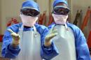 Liberian health workers wear protective gear at an Ebola treatment centre in Monrovia, on October 18, 2014