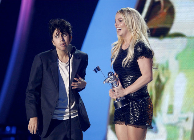Lady Gaga, left, presents Britney Spears with the Video Vanguard award at the MTV Video Music Awards on Sunday Aug. 28, 2011, in Los Angeles. (AP Photo/Matt Sayles)