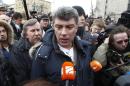 File photo of opposition leader Boris Nemtsov speaking to the media during a gathering of opposition supporters in central Moscow