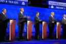 Jeb Bush, second from left, is flanked by Mike Huckabee, left, Marco Rubio, center, Donald Trump, second from right, and Ben Carson during the CNBC Republican presidential debate at the University of Colorado, Wednesday, Oct. 28, 2015, in Boulder, Colo. (AP Photo/Mark J. Terrill)