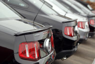 <p>               This Feb. 19, 2012 photo, shows a long line of 2012 Mustangs at a Ford dealership in the south Denver suburb of Littleton, Colo. U.S. factories stepped up production in February for the third straight month, helping the economy recover and driving the best job growth since the recession ended. (AP Photo/David Zalubowski)