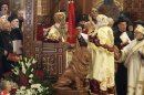 Pope Tawadros II, 60, sits on the throne of St. Mark, the Coptic church's founding saint, wearing the papal crown, during an elaborate ceremony lasting nearly four hours, attended by the nation's Muslim prime minister and a host of Cabinet ministers and politicians, in the Coptic Cathedral in Cairo, Egypt, Sunday, Nov. 18, 2012. Tawadros did not address the televised ceremony, but had a brief speech read on his behalf by one of the church's leaders in which he pledged to work for the good of Egypt, with its Muslims and Christians alike. (AP Photo/Sami Wahib)