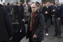 Charlie Hebdo editor-in-chief Gerard Biard arrives for the funeral ceremony of French cartoonist and Charlie Hebdo editor Stephane "Charb" Charbonnier, on January 16, 2015 in Pontoise, outside Paris