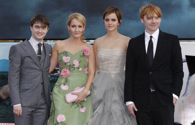 British author JK Rowling, second left, joins actors, left to right, Daniel Radcliffe, Emma Watson and Rupert Grint in Trafalgar Square, central London, for the World Premiere of 