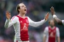 Christian Eriksen reacts after scoring for Ajax during a match in Amsterdam on April 7, 2013