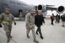 U.S. Secretary of Defense Hagel is greeted by U.S. General Breedlove upon Hagel's arrival at Ramstein Air Base in Germany